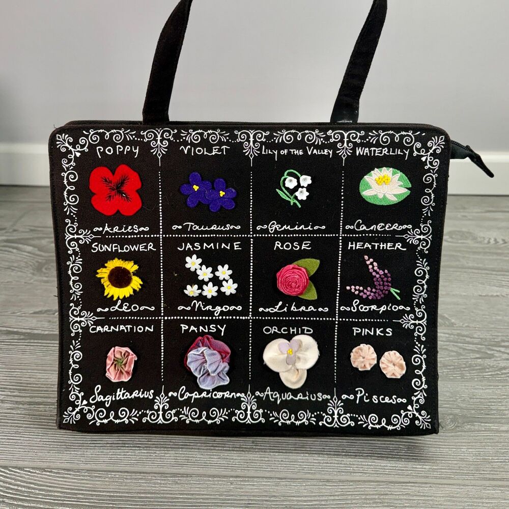 Lulu Guinness Astrology Zodiac Flowers Embroidered 100% Cotton Handbag - FLAWS - Picture 1 of 12